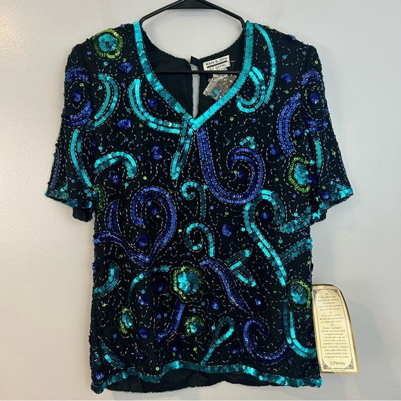 NWT Vintage Mark & John Gopal 100% Silk Sequin Blue/Green Short Sleeve Top Small - Picture 1 of 10